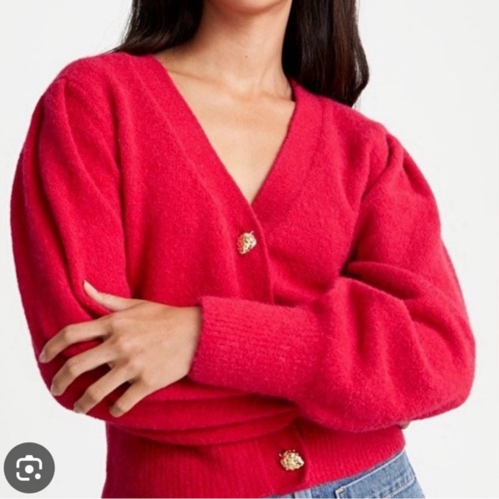 And Other Stories Red Puff Sleeve Sweater with Gold Strawberry Buttons
